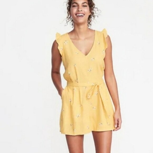 Old Navy Pants - Old Navy Yellow Floral Linen Blend V-Neck Romper